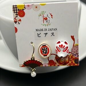 FAN PEARL  DANGLING WHITE MASK STUDS EARRINGS